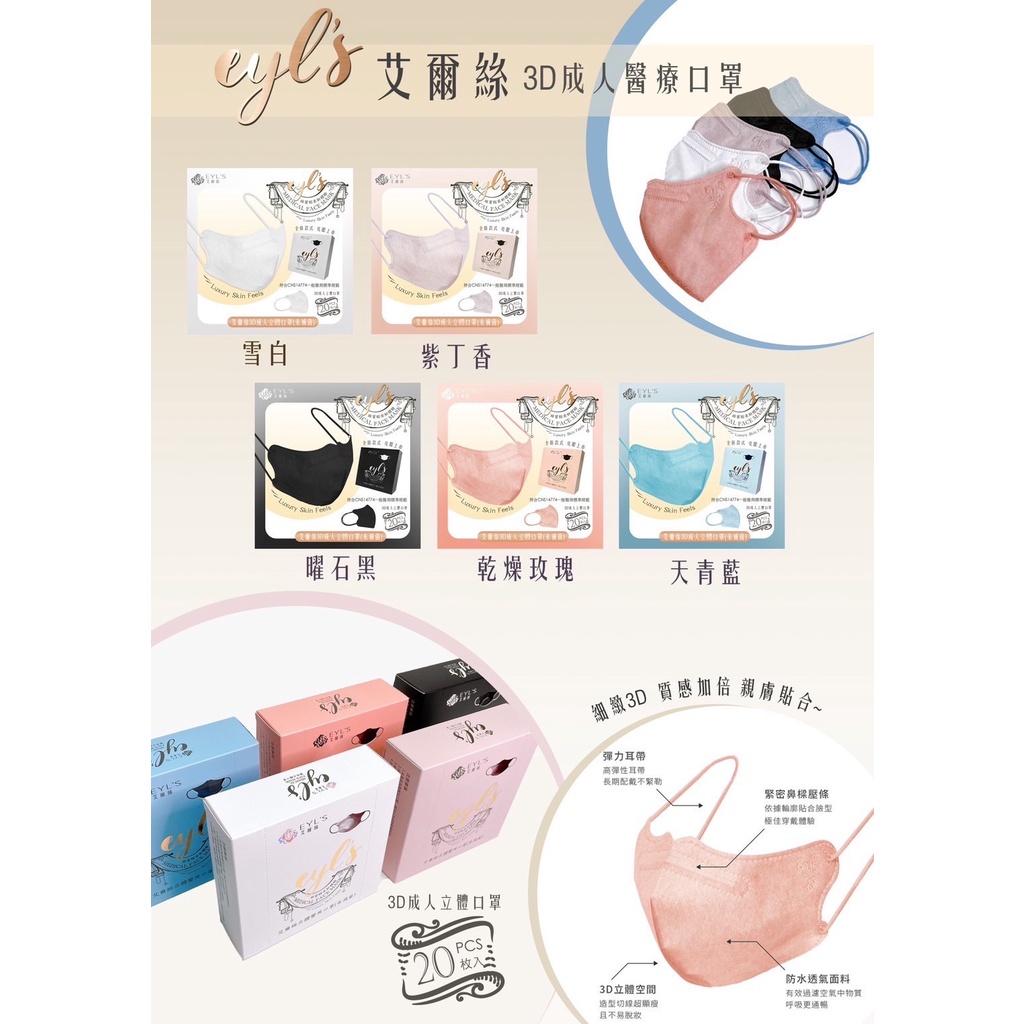 艾爾絲 3D成人立體醫用口罩 3D立體細繩 醫療口罩 多色 台灣製造 現貨供應