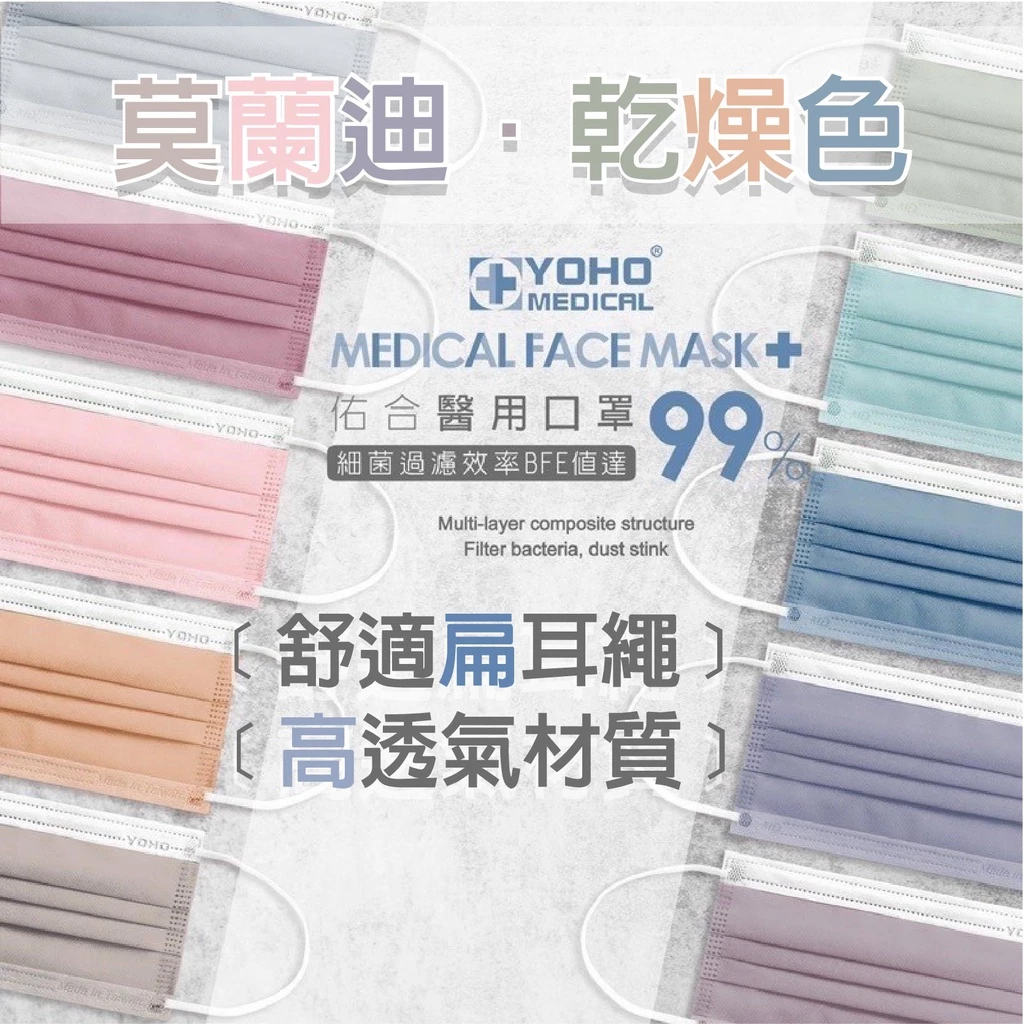 佑合口罩 醫療口罩 平面 素色 佑合 莫蘭迪色系 成人平面 兒童平面 粗耳繩 台灣製 平面口罩｜繁華中西藥局｜